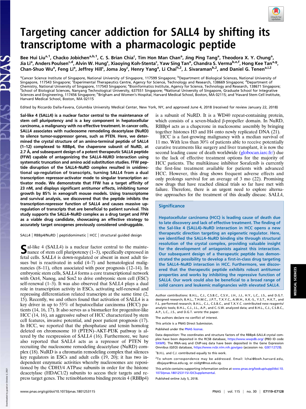 Targeting Cancer Addiction for SALL4 by Shifting Its Transcriptome with a Pharmacologic Peptide