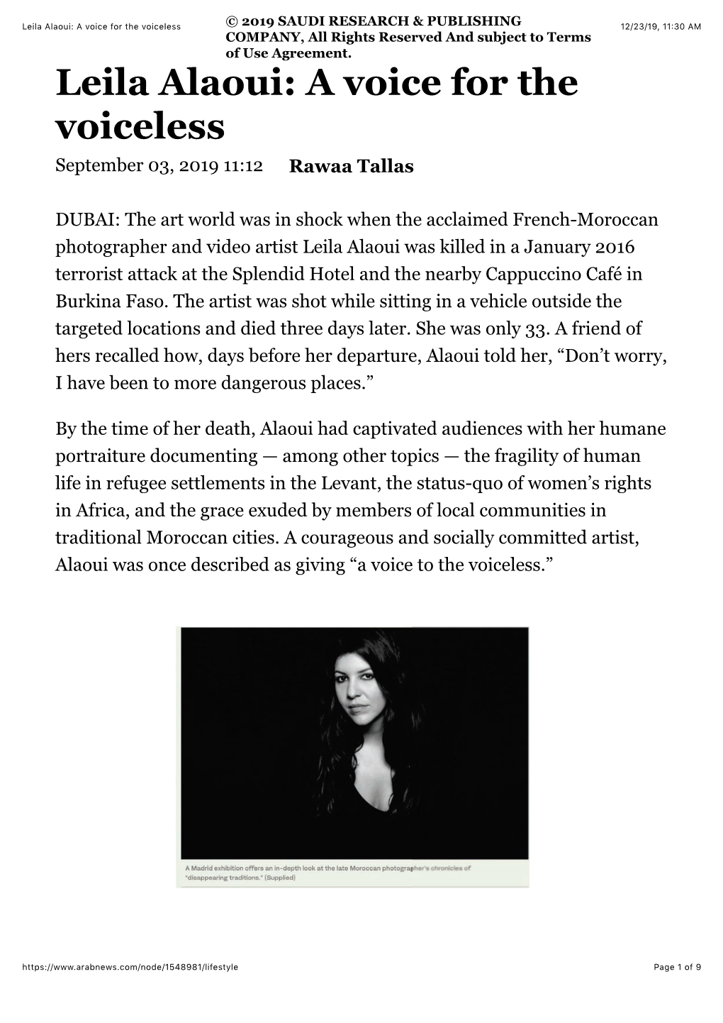 Leila Alaoui: a Voice for the Voiceless September 03, 2019 11:12 Rawaa Tallas