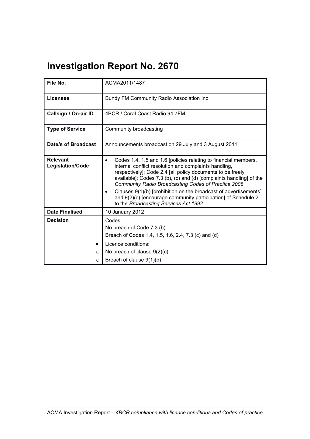 4BCR - ACMA Investigation Report 2670