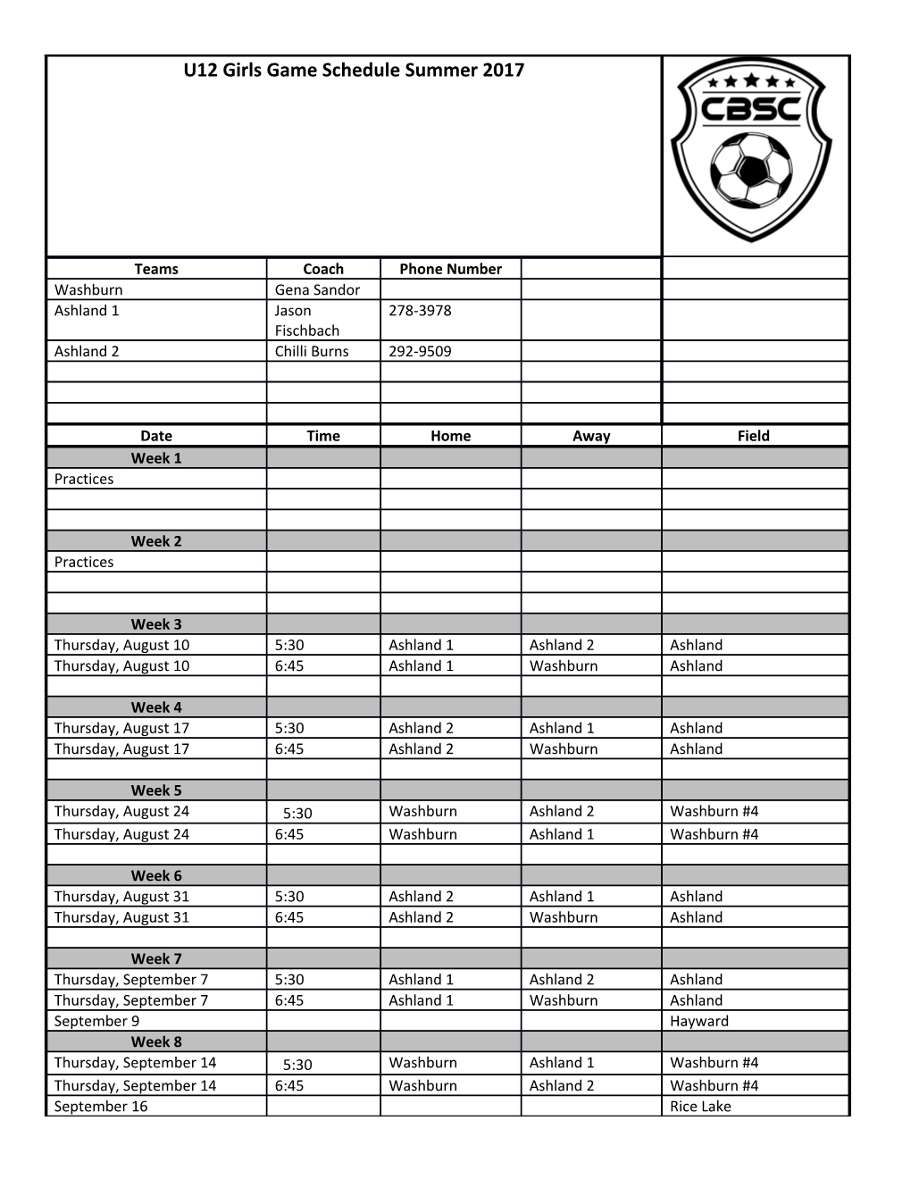 U12 Girls Game Schedule Summer 2017