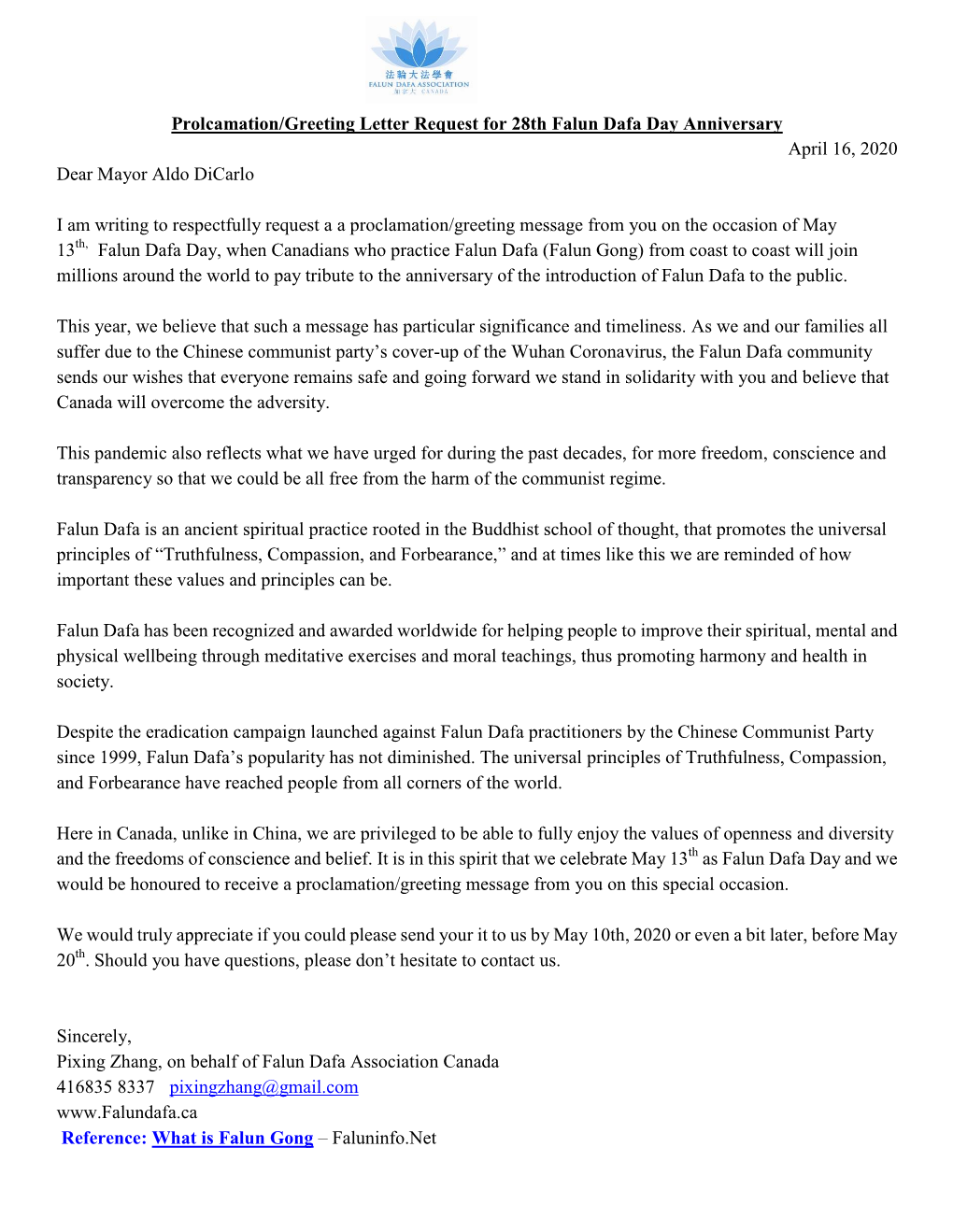Prolcamation/Greeting Letter Request for 28Th Falun Dafa Day Anniversary April 16, 2020 Dear Mayor Aldo Dicarlo