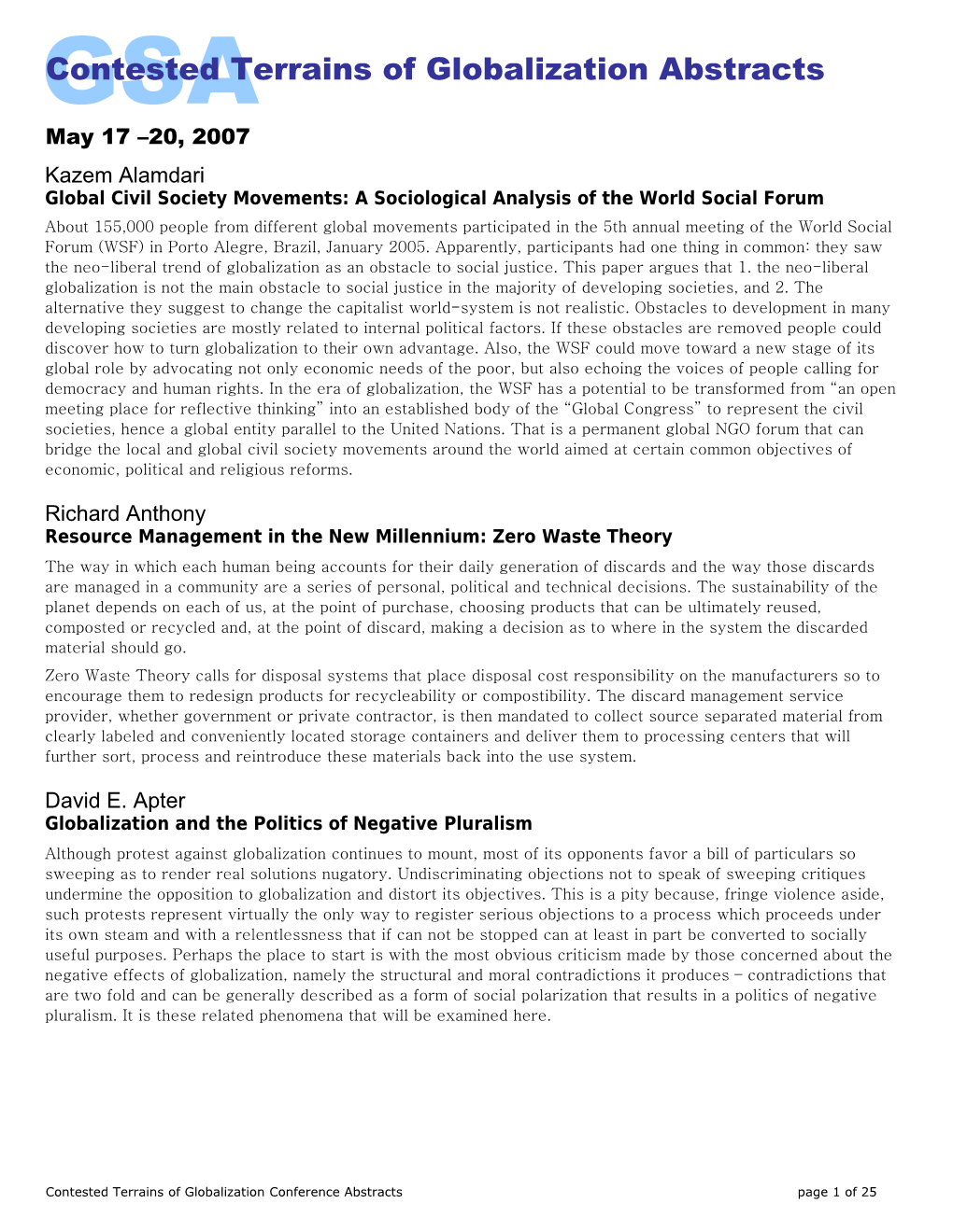 Alternative Globalizations Conference Abstracts