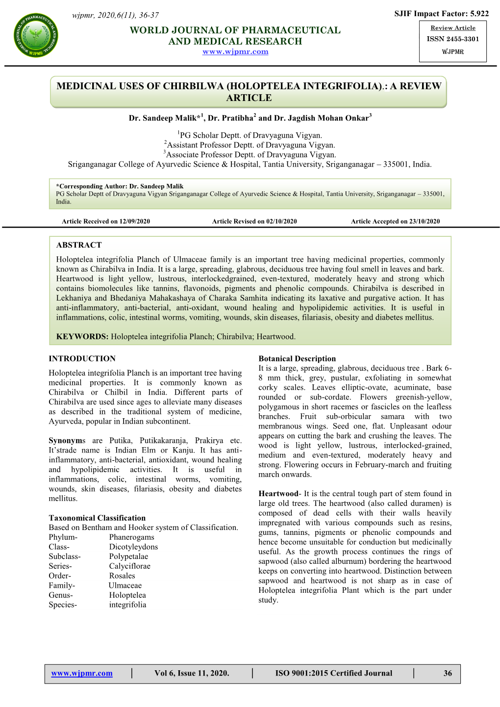 (Holoptelea Integrifolia).: a Review Article