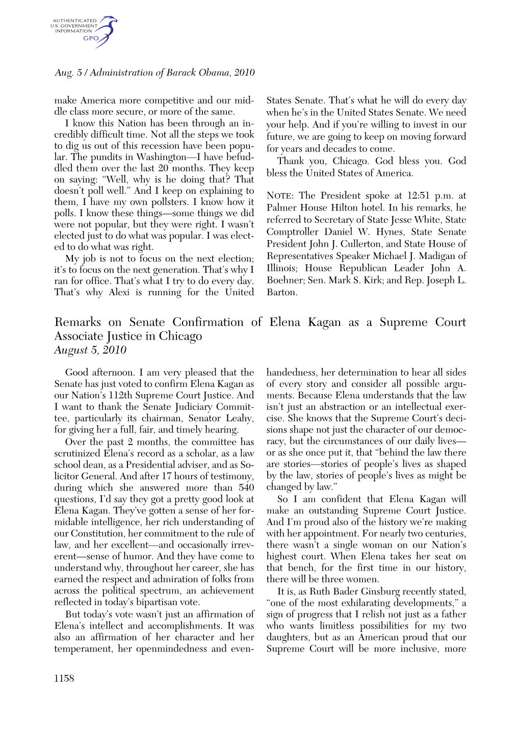 Remarks on Senate Confirmation of Elena Kagan As a Supreme Court Associate Justice in Chicago August 5, 2010