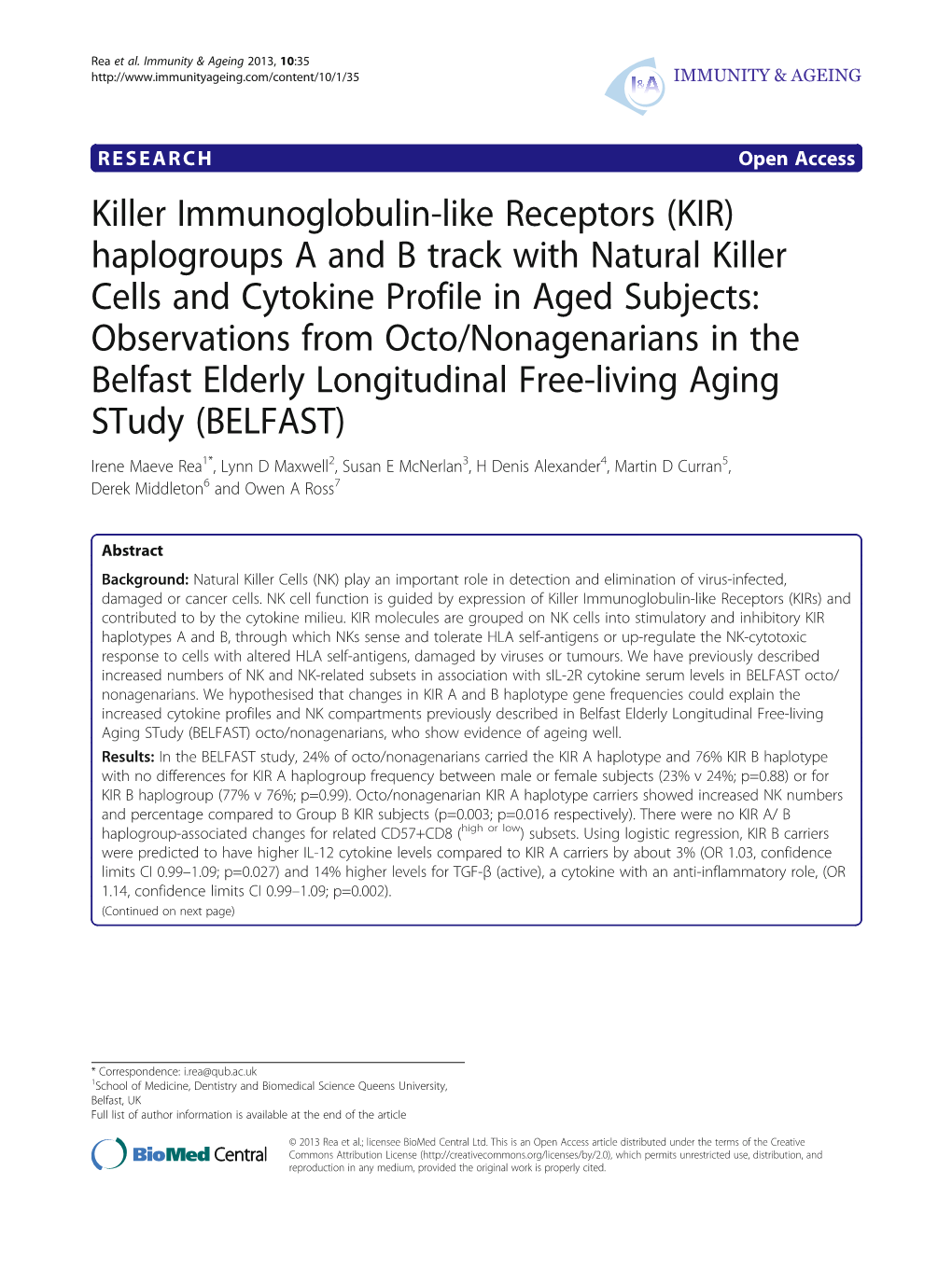 Killer Immunoglobulin-Like Receptors (KIR) Haplogroups a and B Track with Natural Killer Cells and Cytokine Profile in Aged Subj