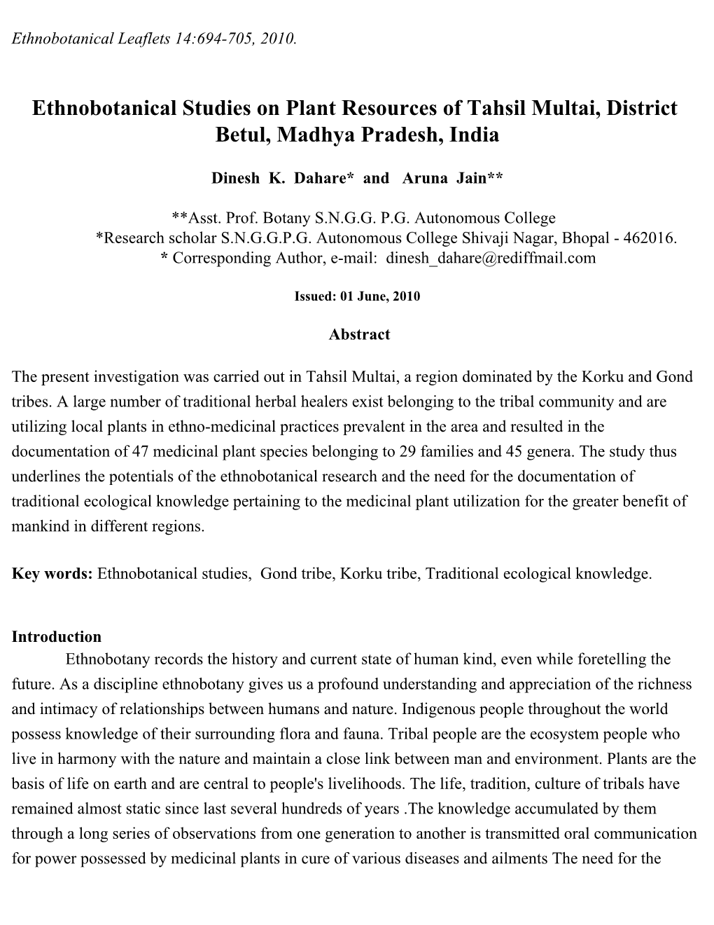 Ethnobotanical Studies on Plant Resources of Tahsil Multai, District Betul, Madhya Pradesh, India
