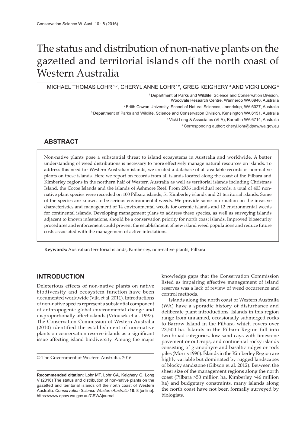 The Status and Distribution of Non-Native Plants on the Gazetted and Territorial Islands Off the North Coast of Western Australia