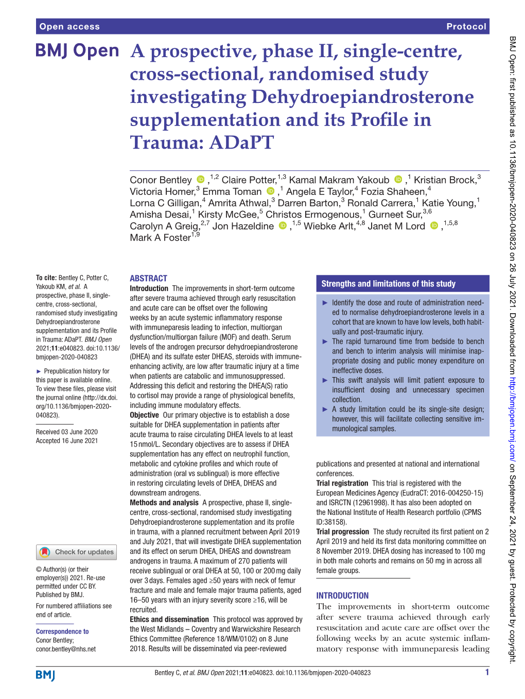 Sectional, Randomised Study Investigating Dehydroepiandrosterone Supplementation and Its Profile in Trauma: Adapt
