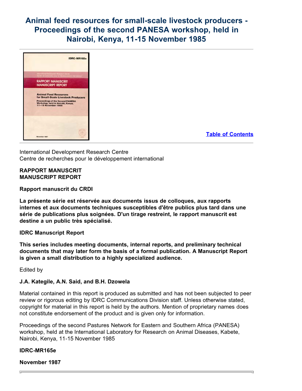 Animal Feed Resources for Small-Scale Livestock Producers - Proceedings of the Second PANESA Workshop, Held in Nairobi, Kenya, 11-15 November 1985