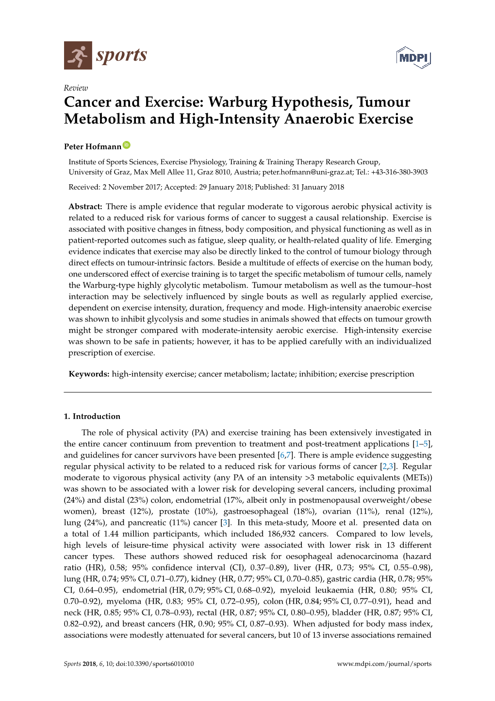 Cancer and Exercise: Warburg Hypothesis, Tumour Metabolism and High-Intensity Anaerobic Exercise