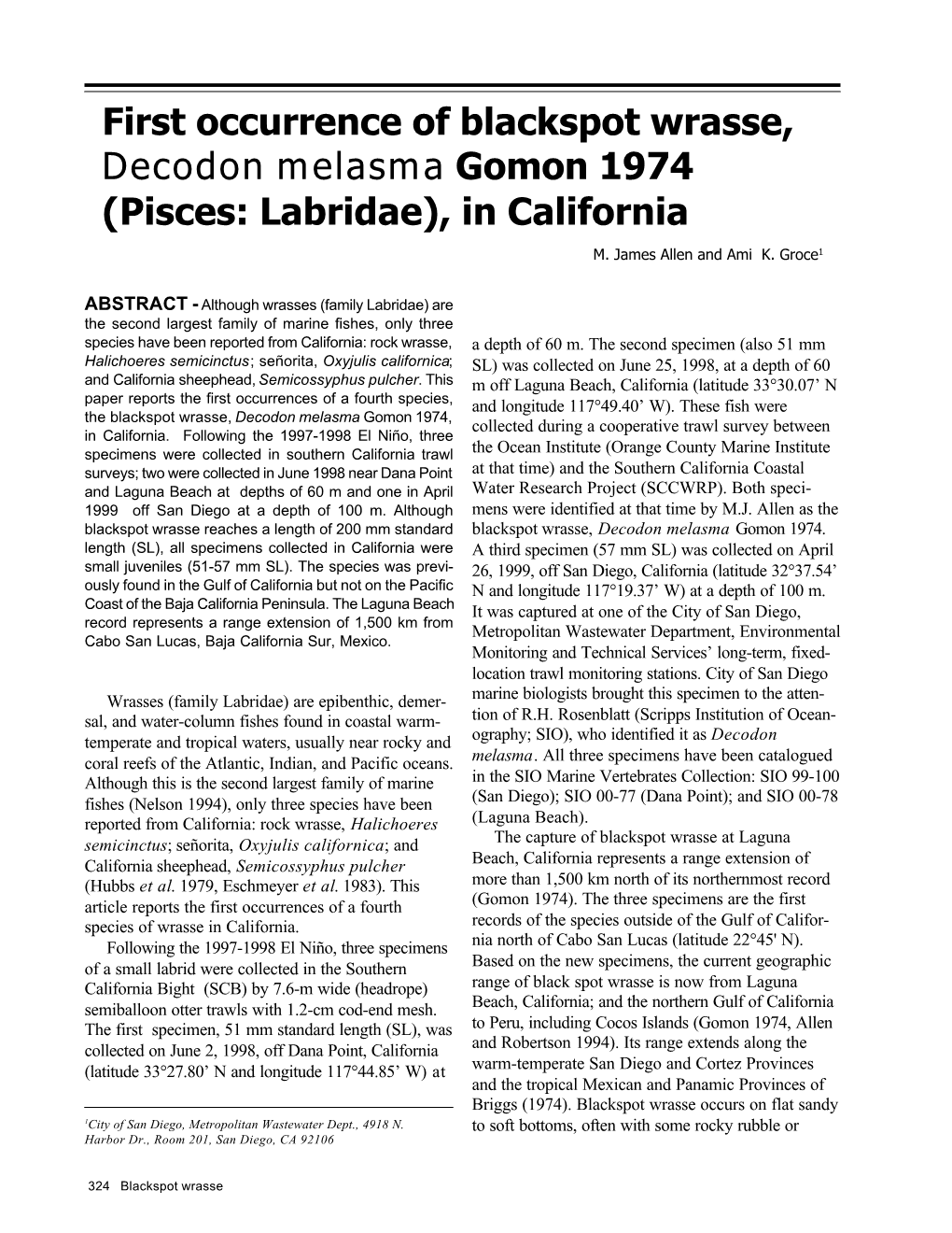 First Occurrence of Blackspot Wrasse, Decodon Melasma Gomon 1974 (Pisces: Labridae), in California