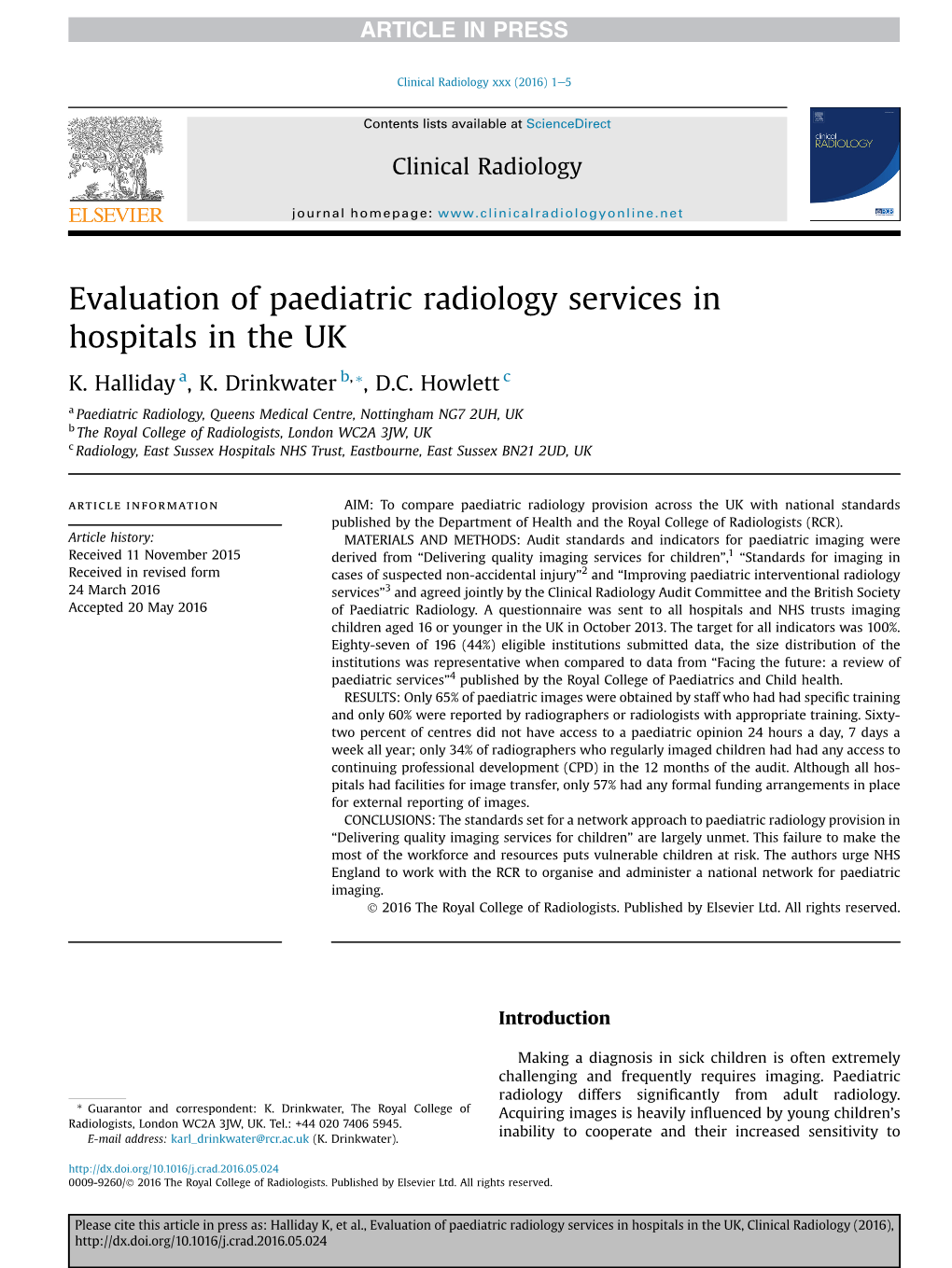 Evaluation of Paediatric Radiology Services in Hospitals in the UK K