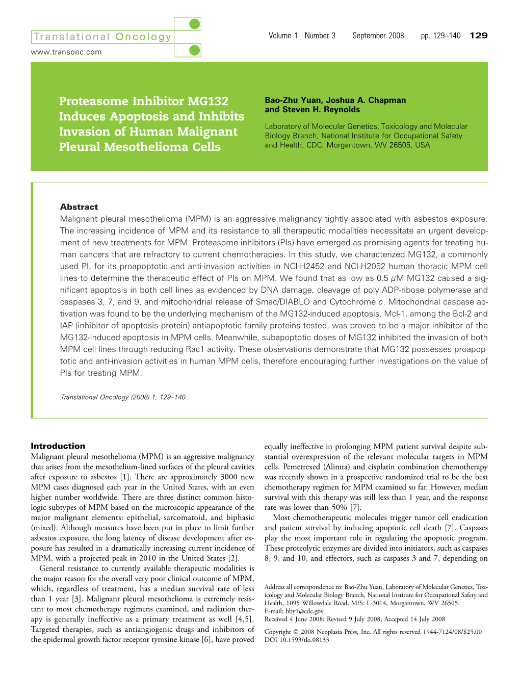 Proteasome Inhibitor MG132 Induces Apoptosis and Inhibits Invasion Of