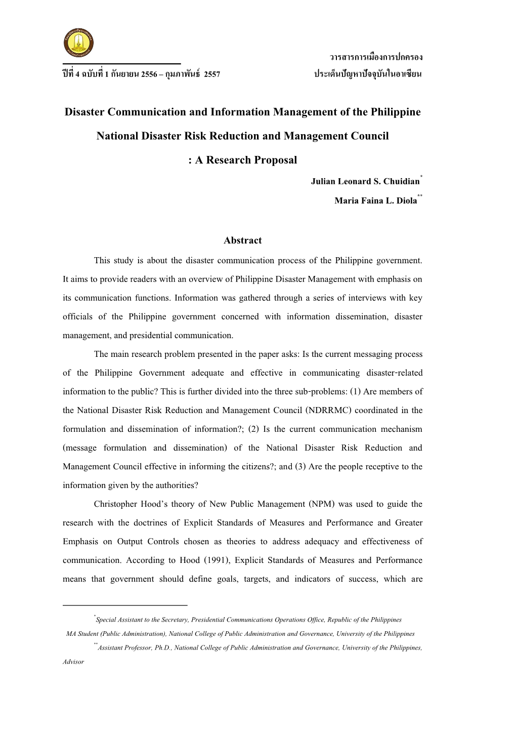 Disaster Communication and Information Management of the Philippine National Disaster Risk Reduction and Management Council : a Research Proposal Julian Leonard S