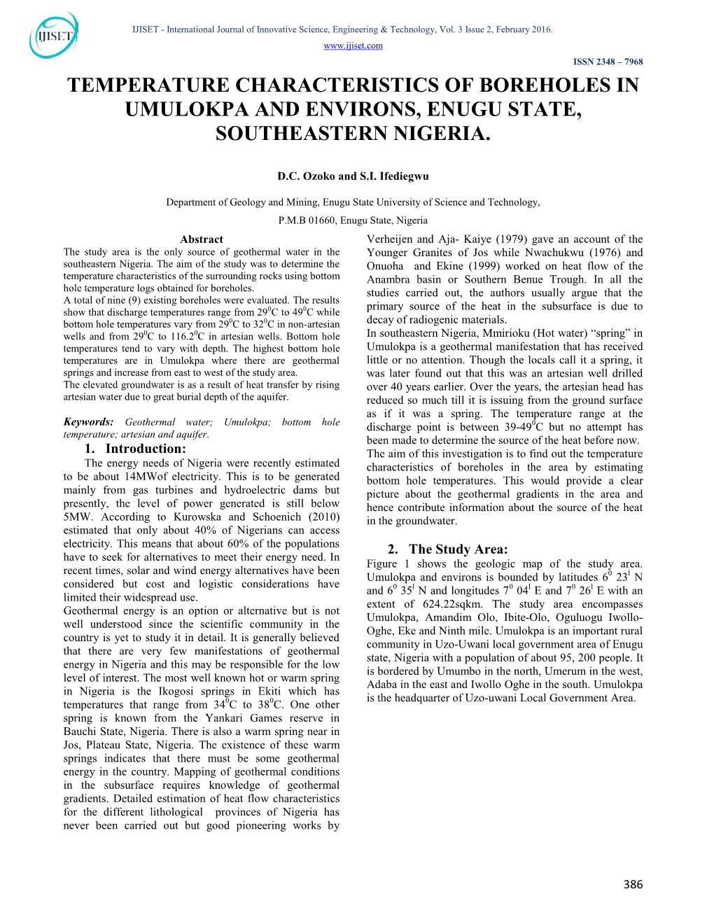 Temperature Characteristics of Boreholes in Umulokpa and Environs, Enugu State, Southeastern Nigeria