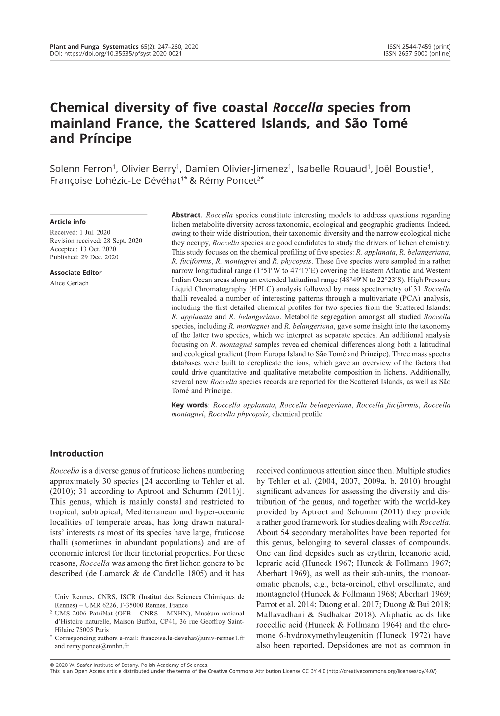 Chemical Diversity of Five Coastal Roccella Species from Mainland France, the Scattered Islands, and São Tomé and Príncipe