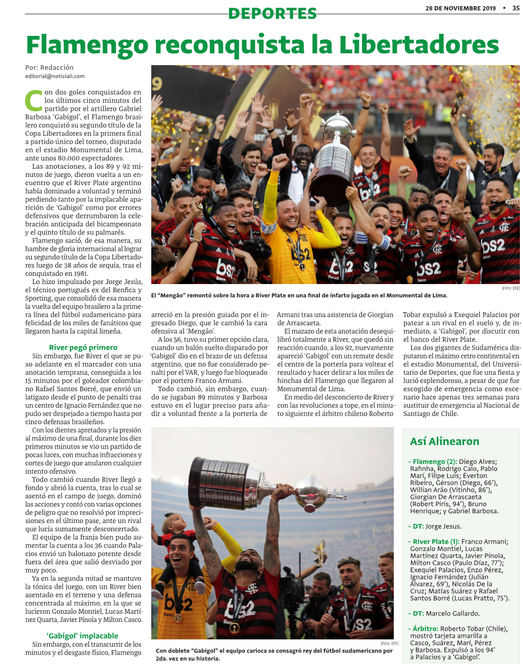 Flamengo Reconquista La Libertadores Por: Redacción Editorial@Noticiali.Com