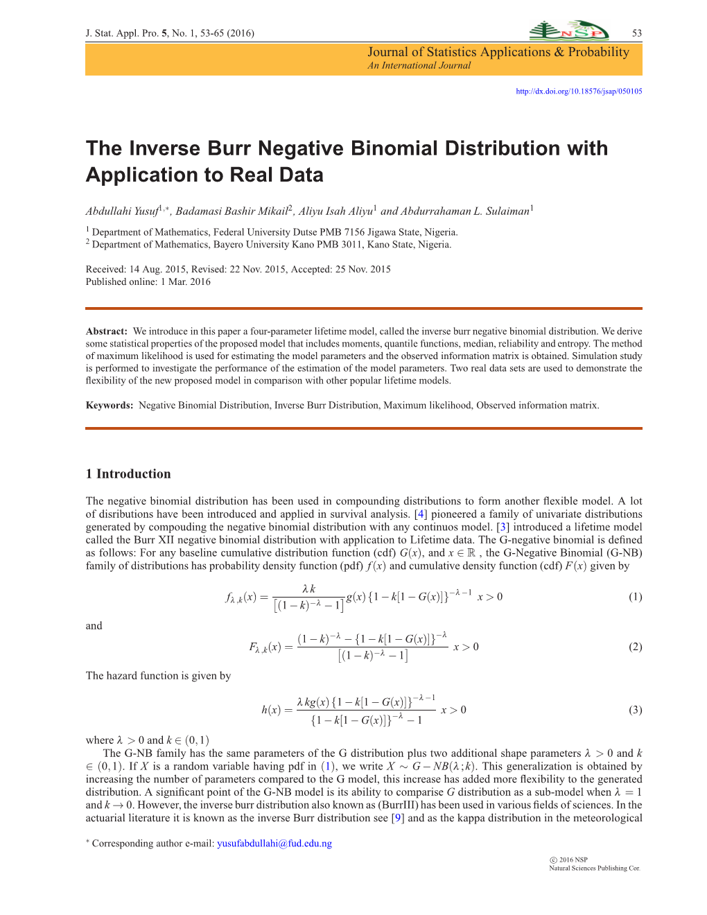 The Inverse Burr Negative Binomial Distribution with Application to Real Data -.:: Natural Sciences Publishing