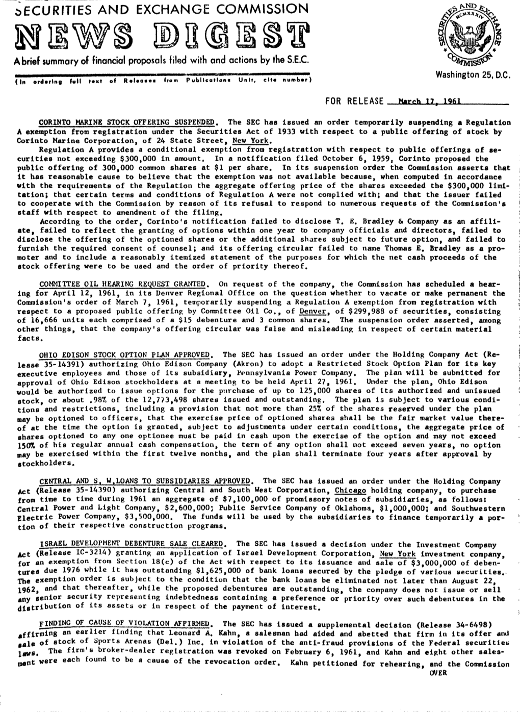 SEC News Digest, 03-17-1961