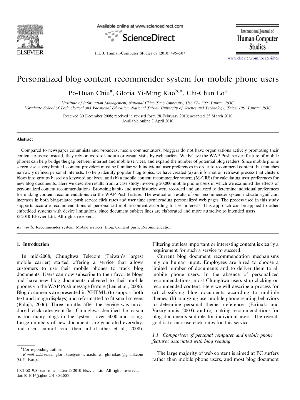 Personalized Blog Content Recommender System for Mobile Phone Users