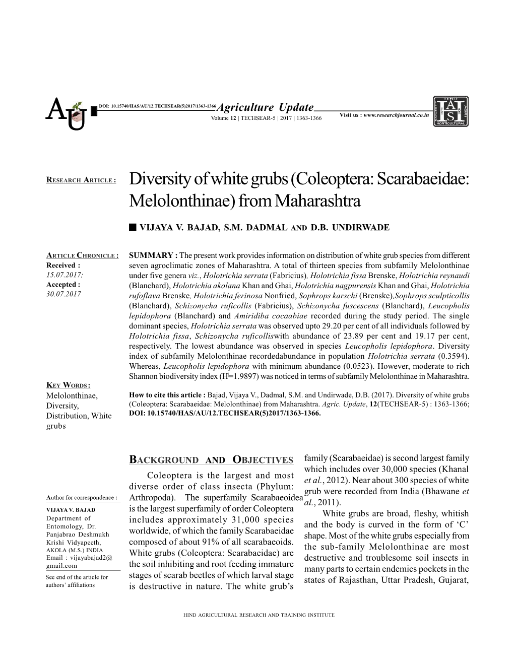 Diversity of White Grubs (Coleoptera: Scarabaeidae: Melolonthinae) from Maharashtra