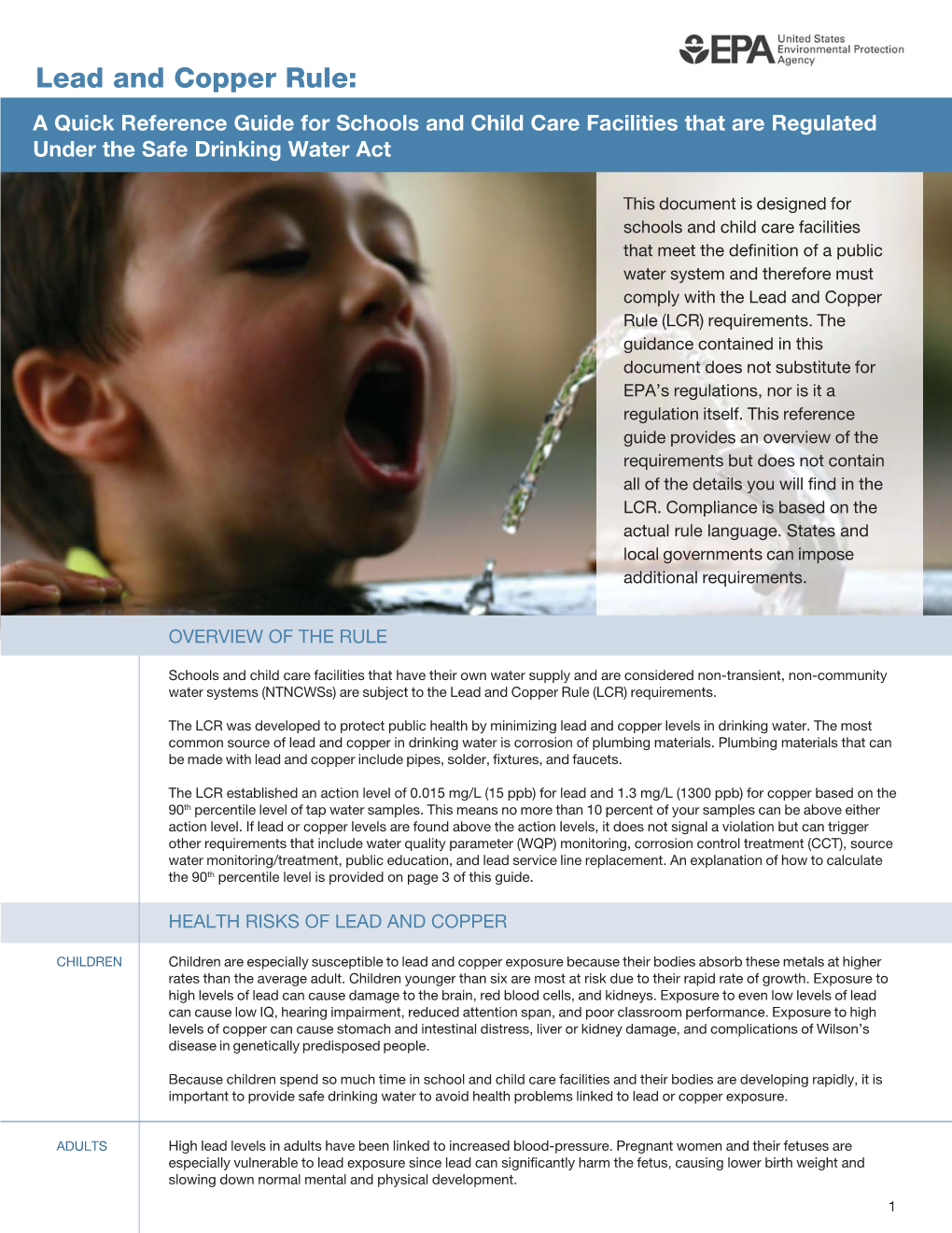 Lead and Copper Rule: a Quick Reference Guide for Schools and Child Care Facilities That Are Regulated Under the Safe Drinking Water Act