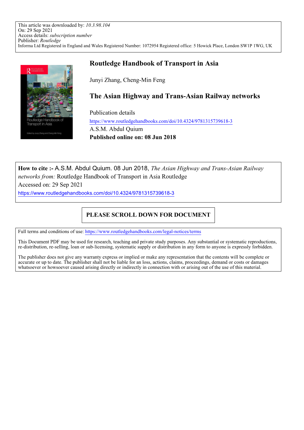 Routledge Handbook of Transport in Asia the Asian Highway and Trans-Asian Railway Networks