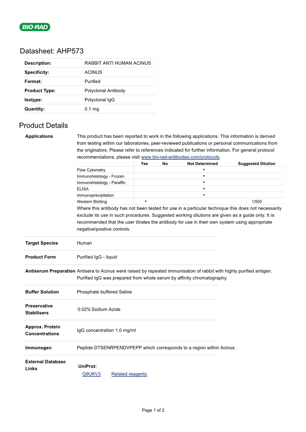 Datasheet: AHP573 Product Details