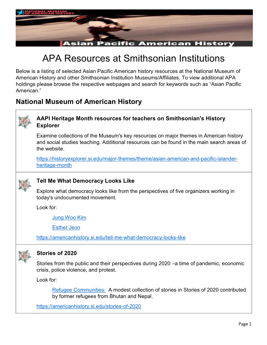 APA Resources at Smithsonian Institutions