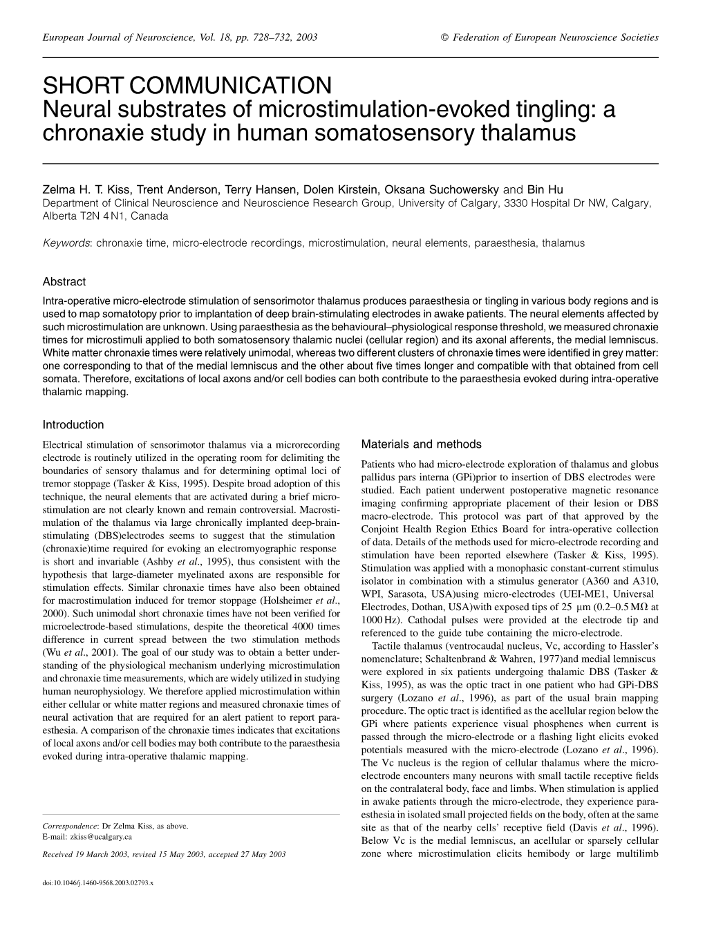 A Chronaxie Study in Human Somatosensory Thalamus