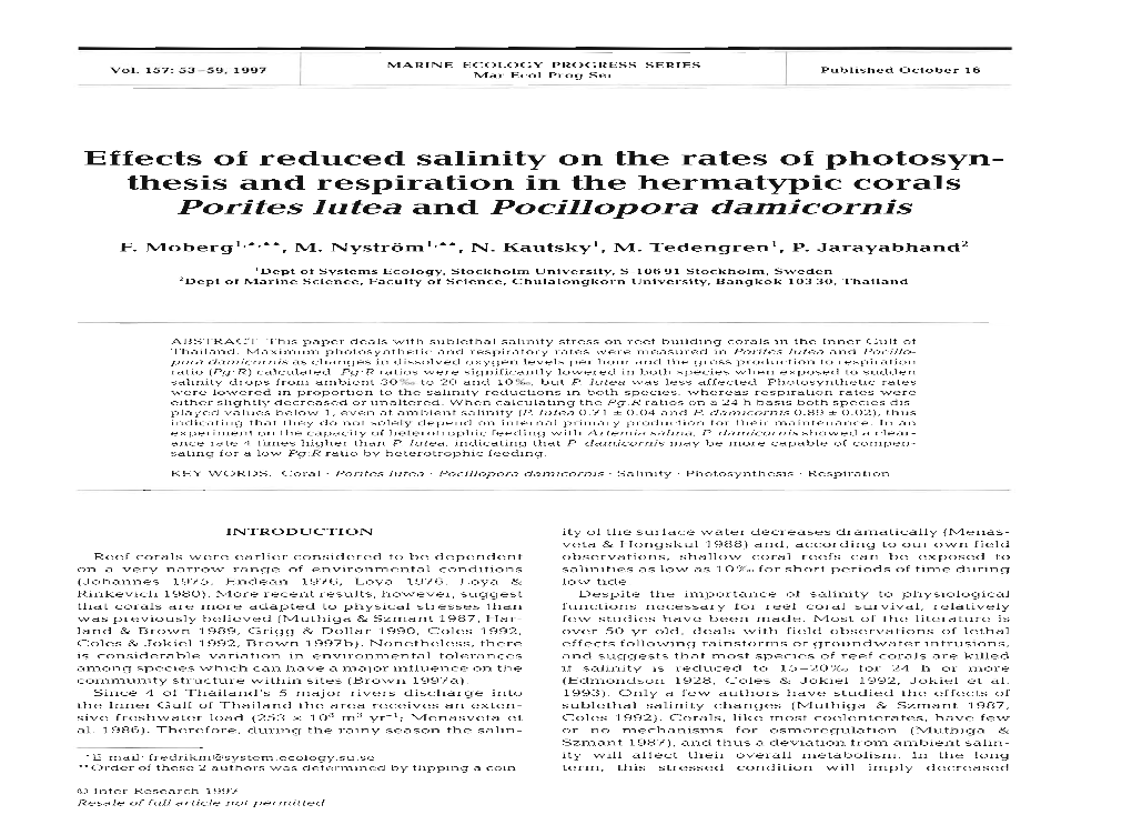 Thesis and Respiration in the Hermatypic Corals Porites Lutea and Pocillopora Damicornis