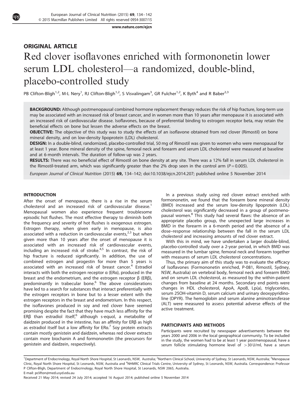 Red Clover Isoflavones Enriched with Formononetin Lower Serum