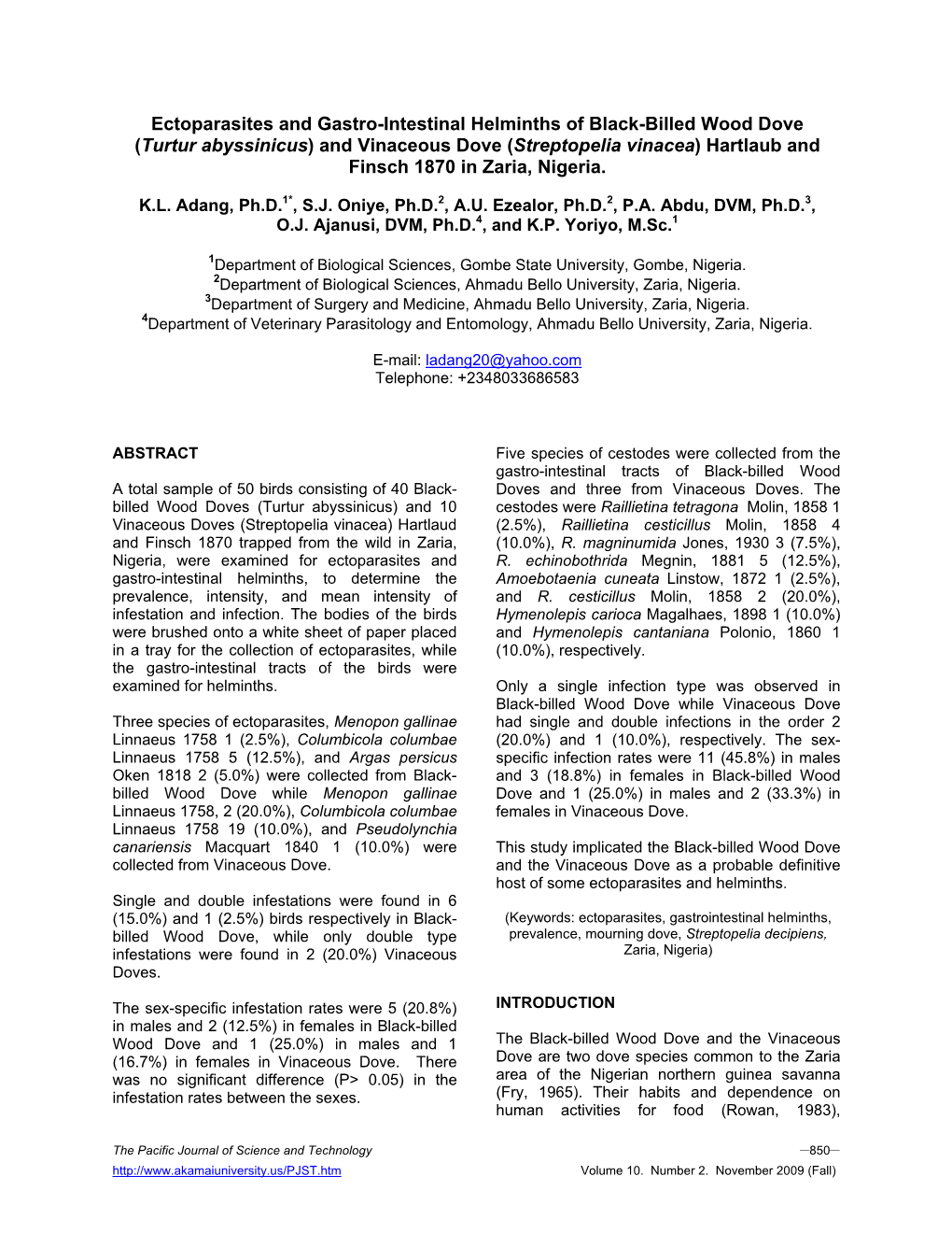 Ectoparasites and Gastro-Intestinal Helminths of Black-Billed Wood