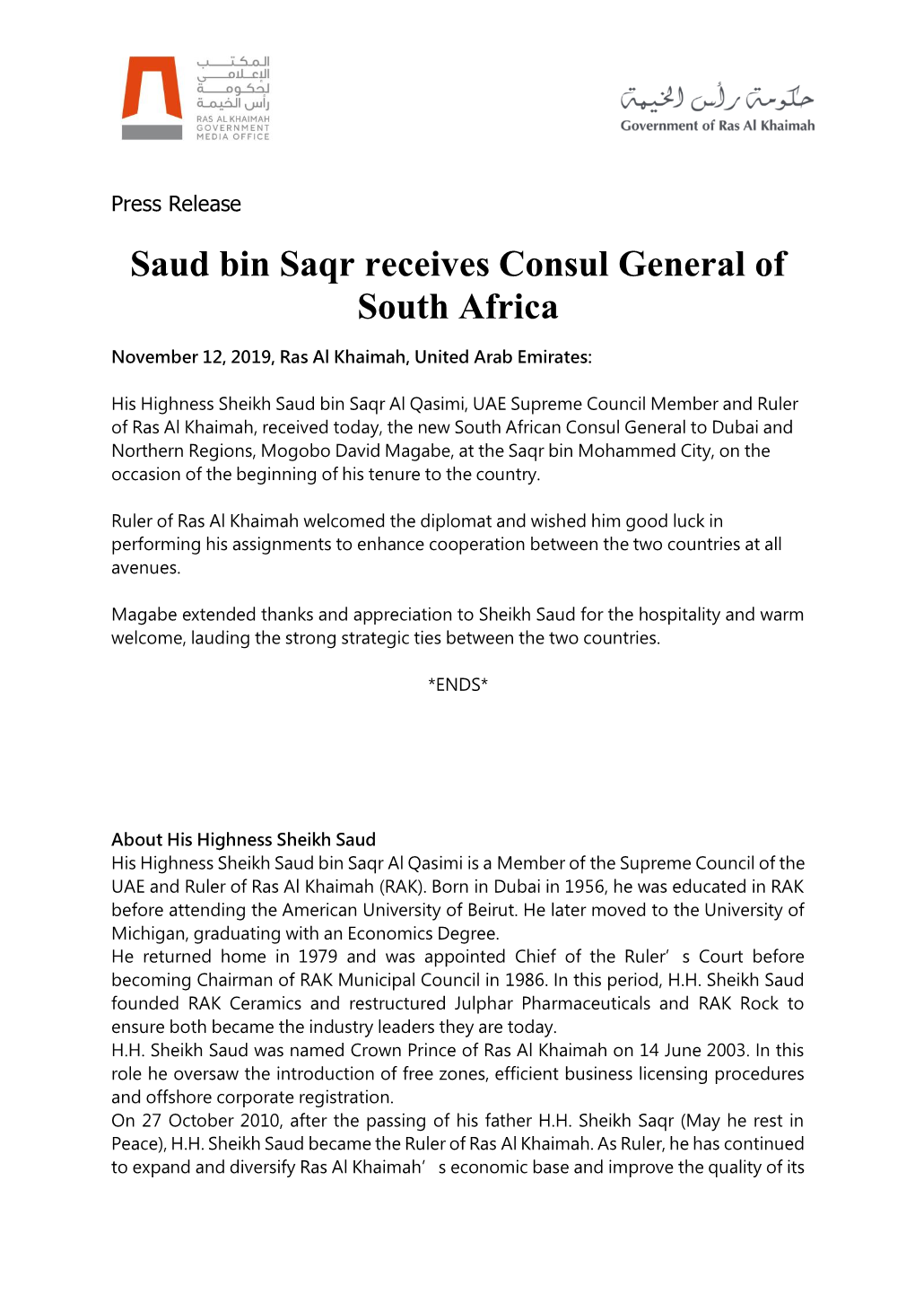 Saud Bin Saqr Receives Consul General of South Africa