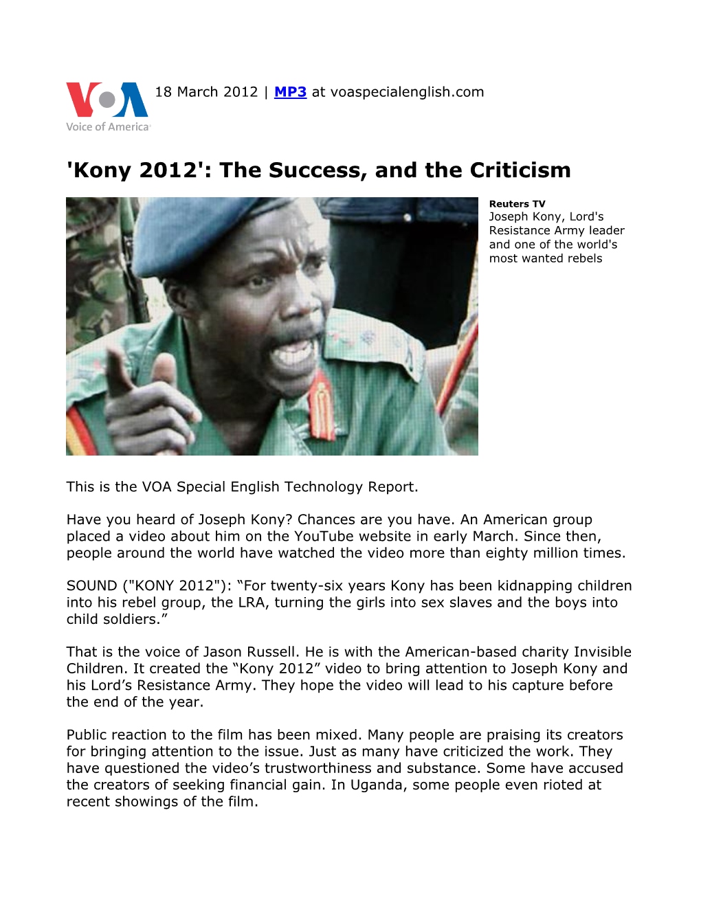 'Kony 2012': the Success, and the Criticism