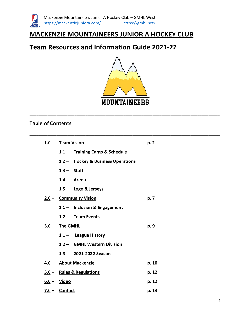 MACKENZIE MOUNTAINEERS JUNIOR a HOCKEY CLUB Team Resources and Information Guide 2021-22