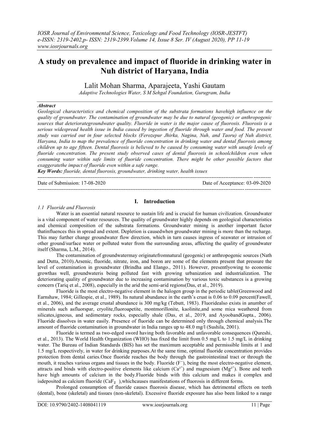 A Study on Prevalence and Impact of Fluoride in Drinking Water in Nuh District of Haryana, India