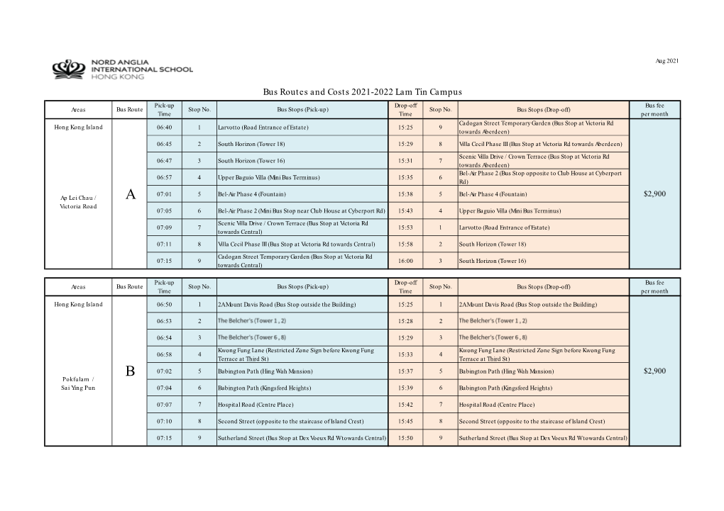 Bus Routes and Costs 2021-2022 Lam Tin Campus Pick-Up Drop-Off Bus Fee Areas Bus Route Stop No