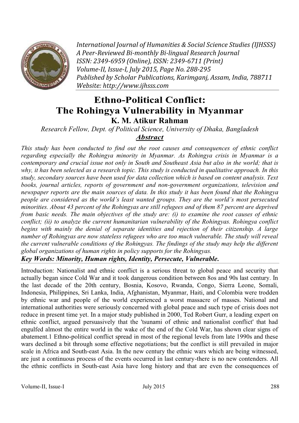 Ethno-Political Conflict: the Rohingya Vulnerability in Myanmar K