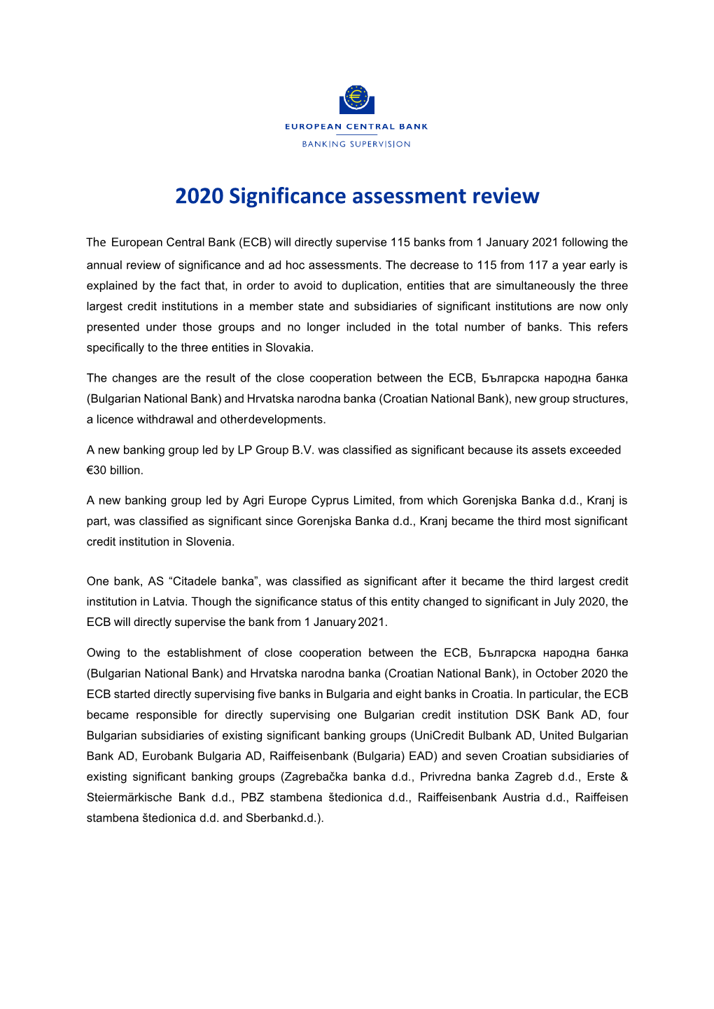 2020 Significance Assessment Review