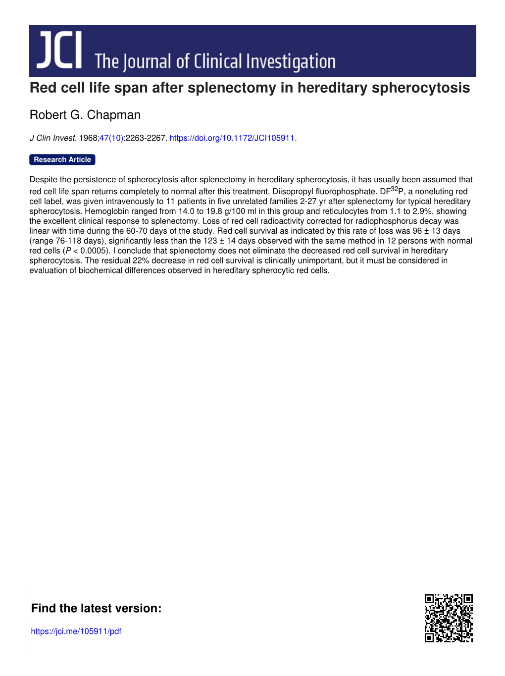 Red Cell Life Span After Splenectomy in Hereditary Spherocytosis