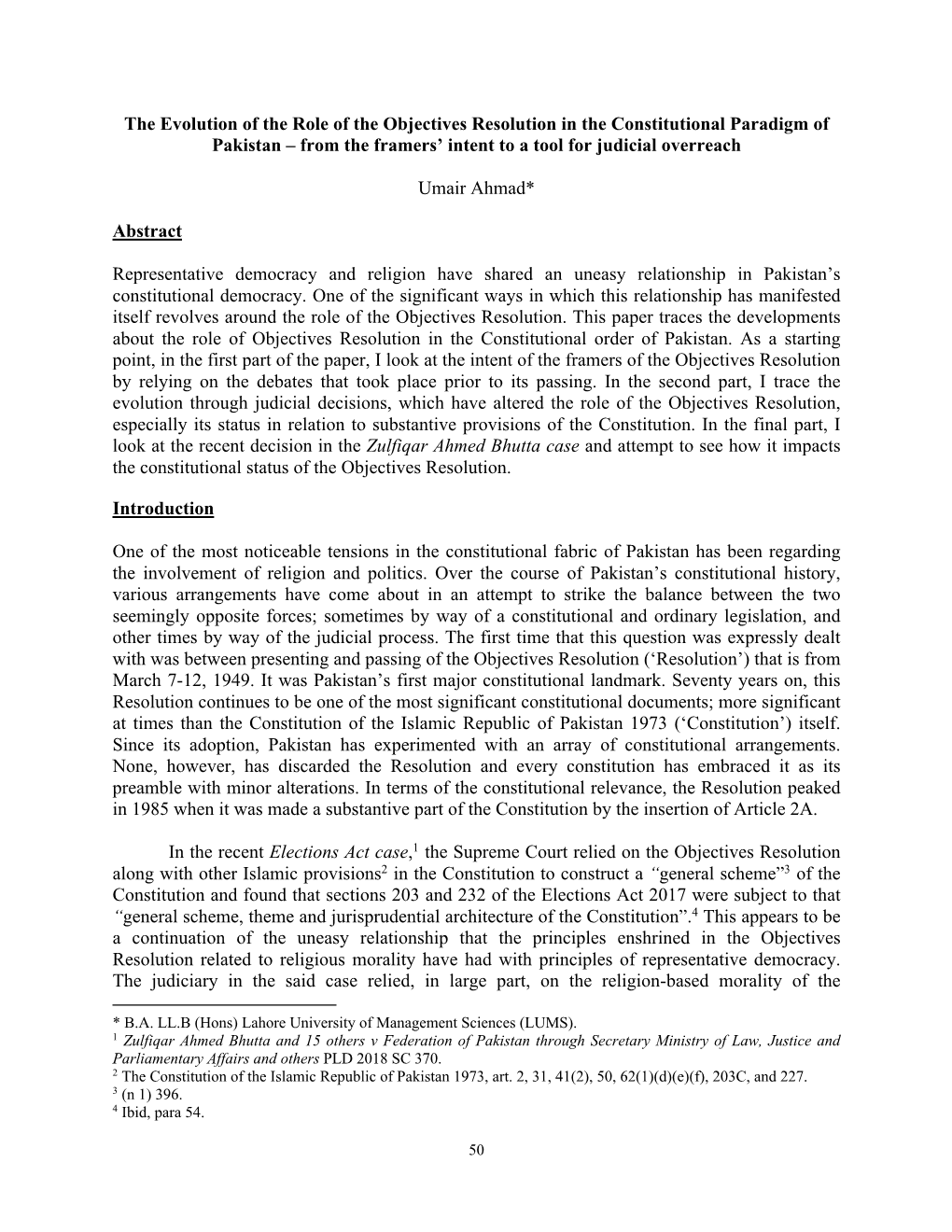 The Evolution of the Role of the Objectives Resolution in the Constitutional Paradigm of Pakistan – from the Framers’ Intent to a Tool for Judicial Overreach