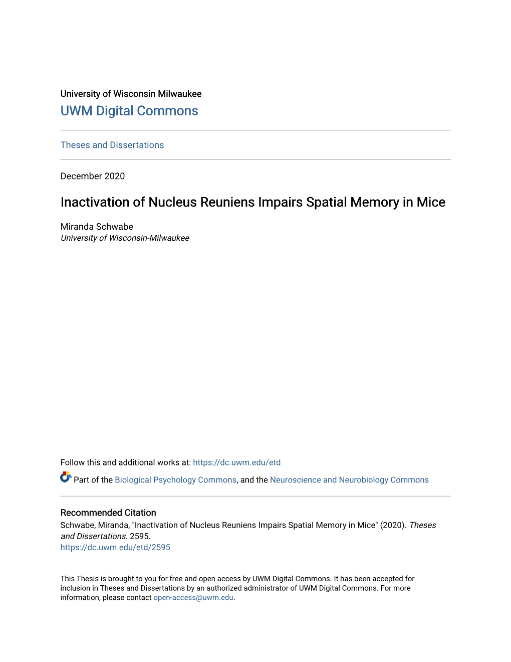 Inactivation of Nucleus Reuniens Impairs Spatial Memory in Mice