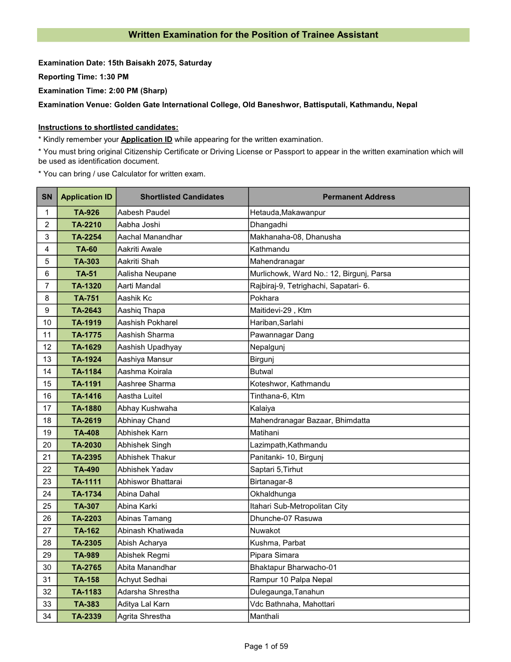 Written Examination for the Position of Trainee Assistant