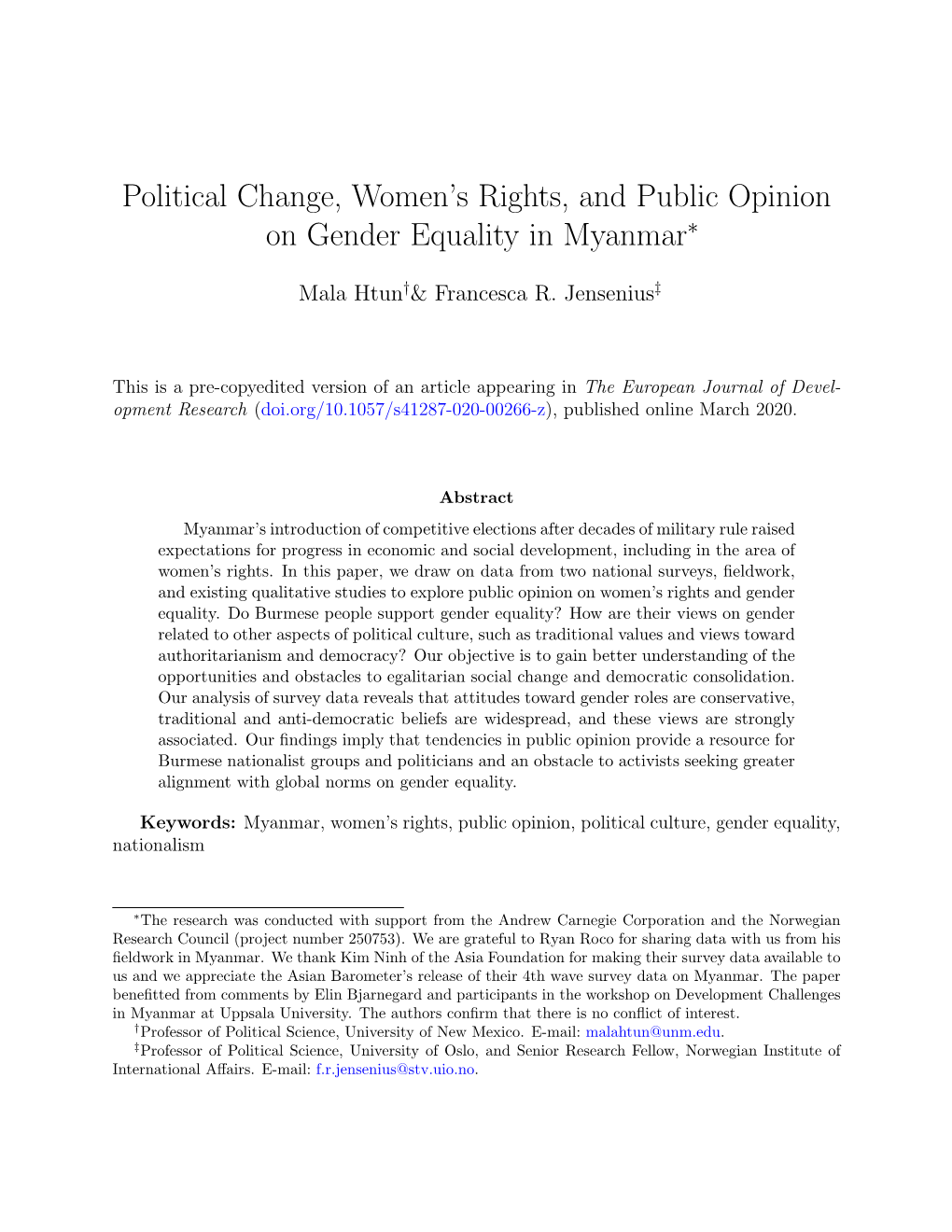 Political Change, Women's Rights, and Public Opinion on Gender