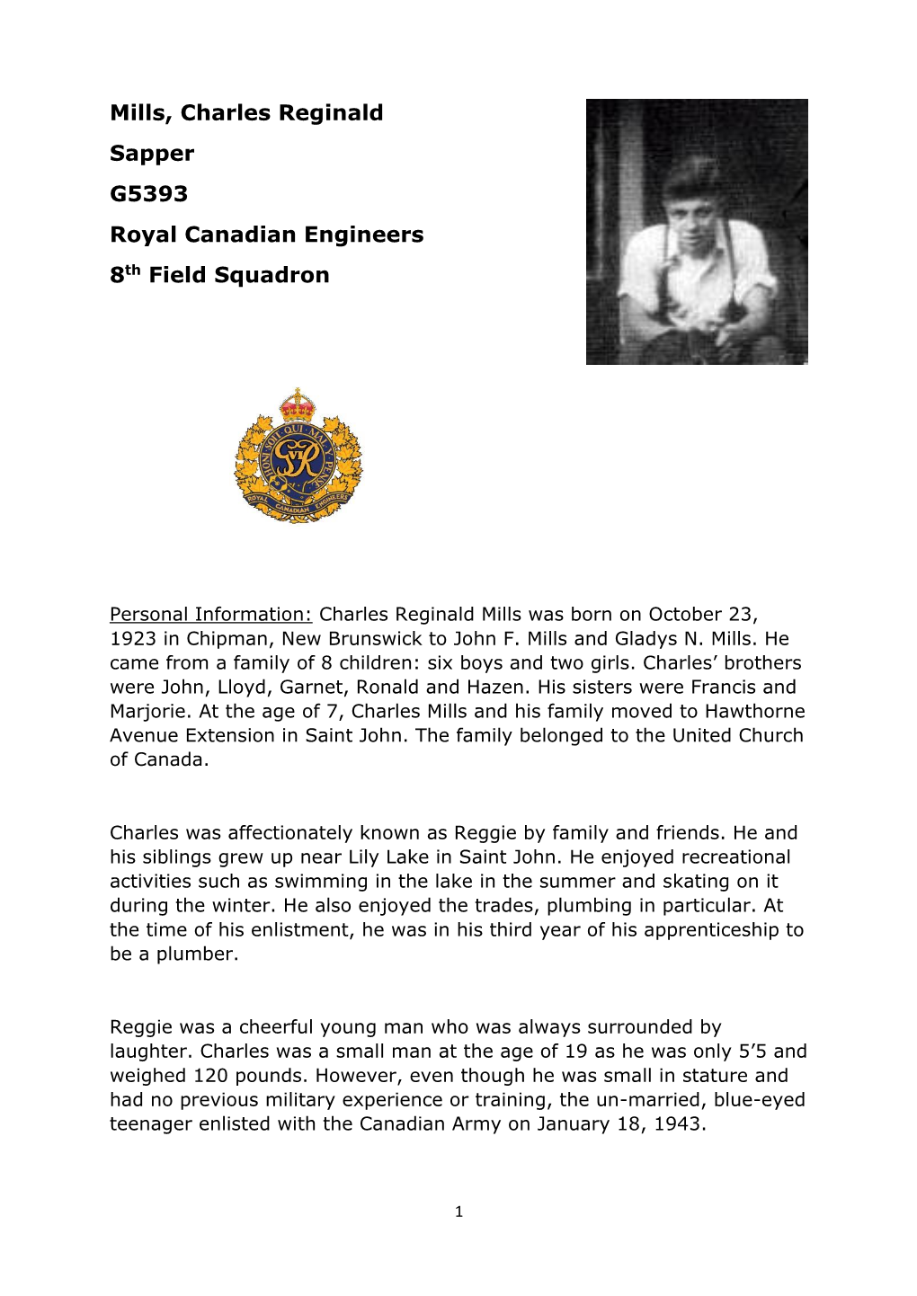 Mills, Charles Reginald Sapper G5393 Royal Canadian Engineers 8Th Field Squadron