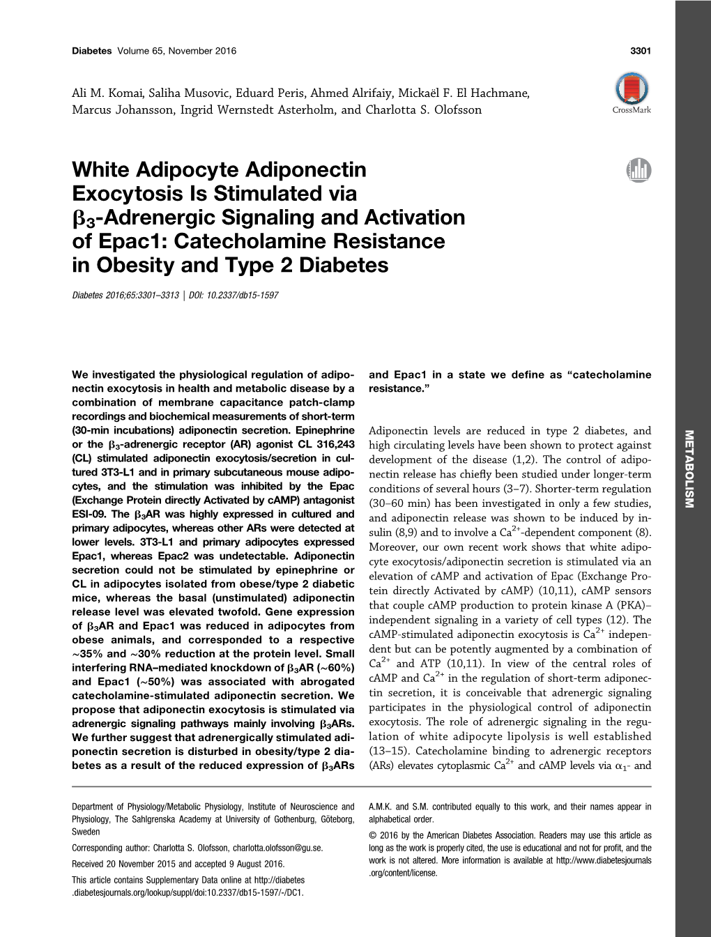 White Adipocyte Adiponectin Exocytosis Is Stimulated Via B3-Adrenergic Signaling and Activation of Epac1: Catecholamine Resistance in Obesity and Type 2 Diabetes