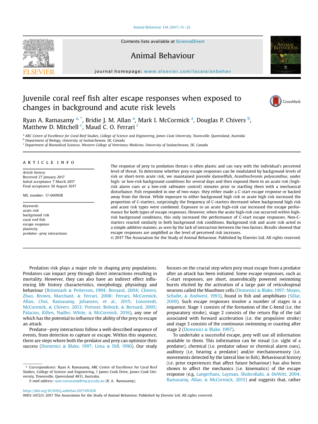 Juvenile Coral Reef Fish Alter Escape Responses When Exposed To