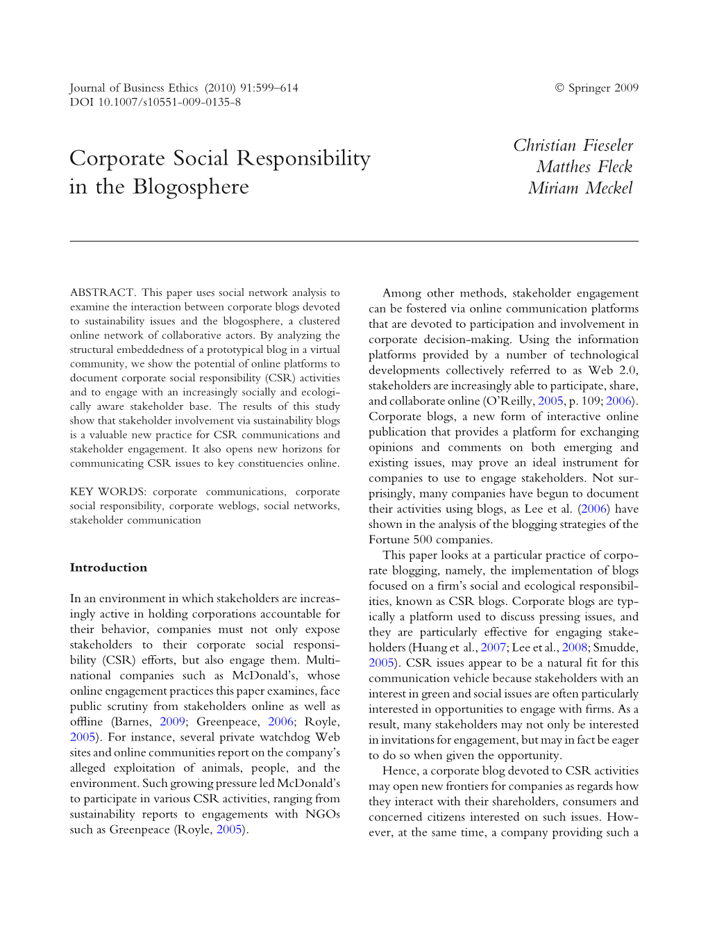 Corporate Social Responsibility in the Blogosphere 601