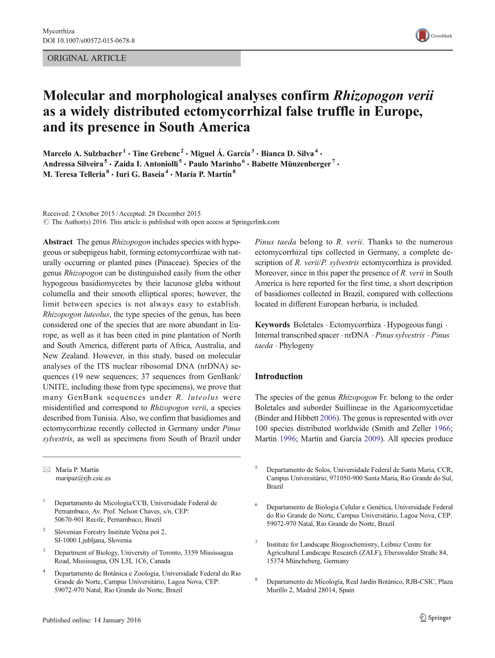 Molecular and Morphological Analyses Confirm Rhizopogon Verii As a Widely Distributed Ectomycorrhizal False Truffle in Europe, and Its Presence in South America